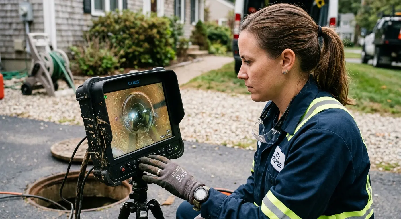 Technician reviewing sewer camera inspection footage in Loveland