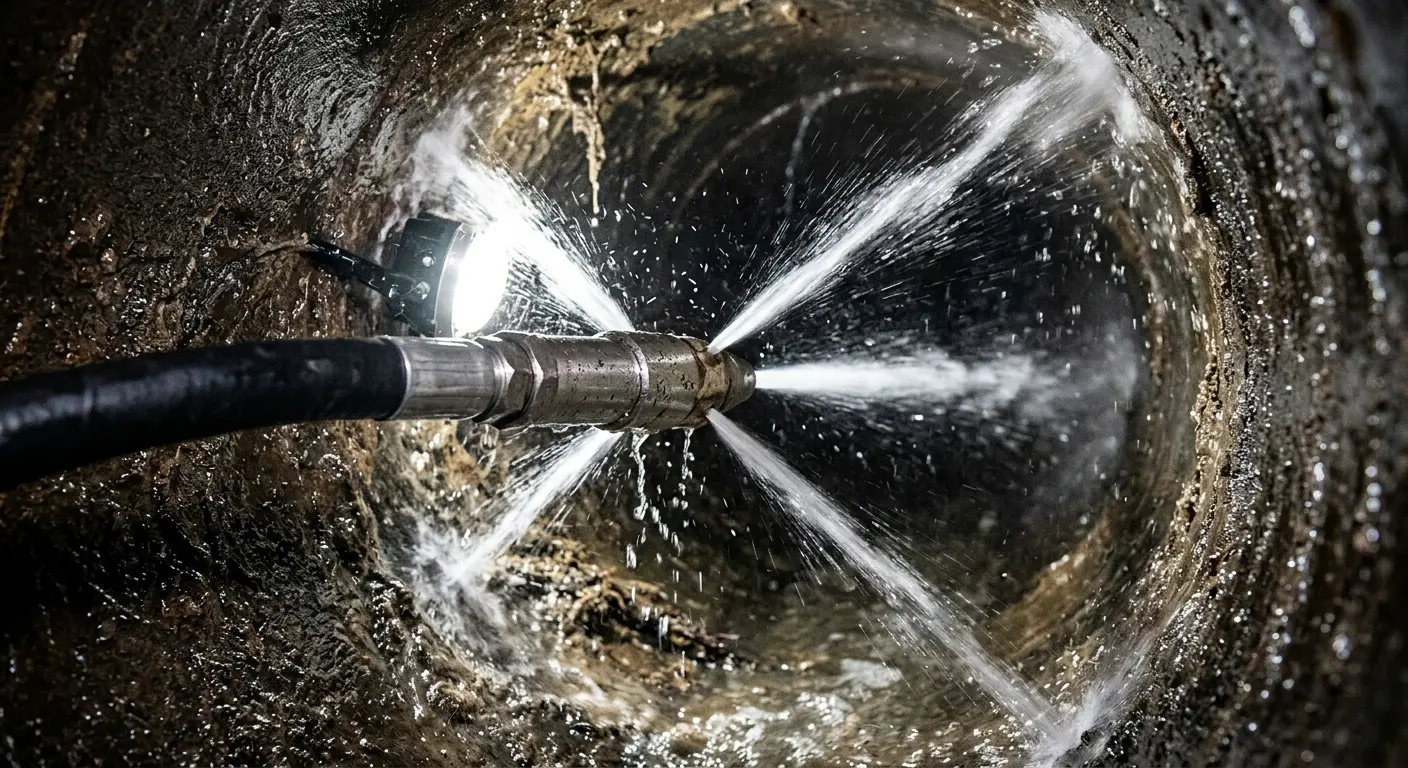 High-pressure hydro jetting nozzle cleaning sewer pipe for Trenchless Sewer Repair in Loveland