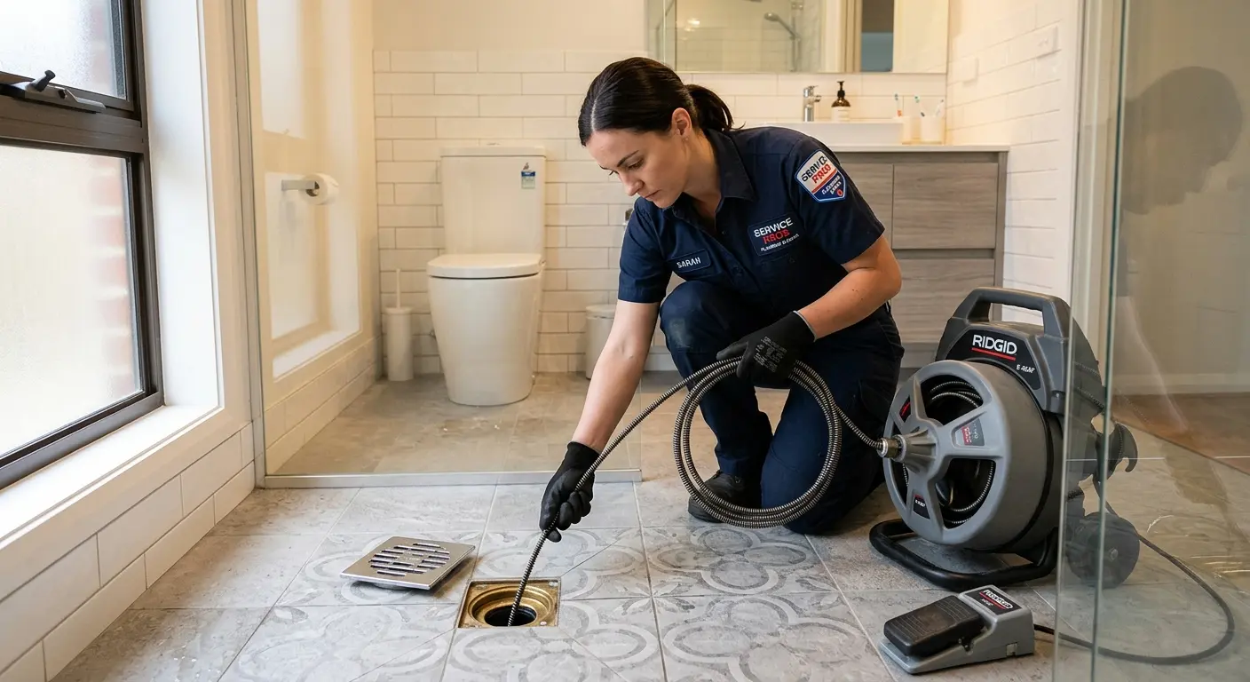 Technician clearing a bathroom floor drain for Clogged Drain Repair in Loveland
